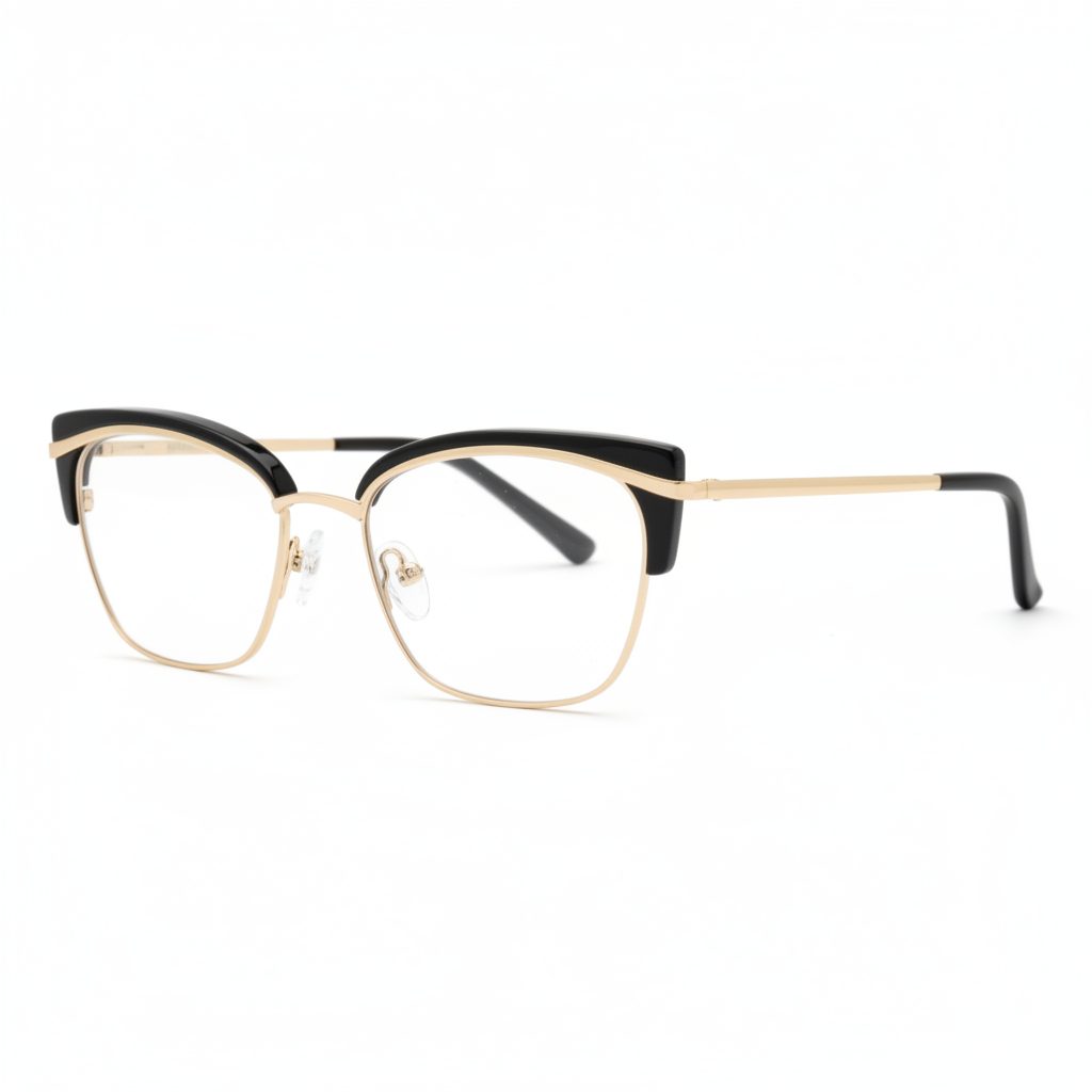 Black and gold cat-eye browline eyeglasses