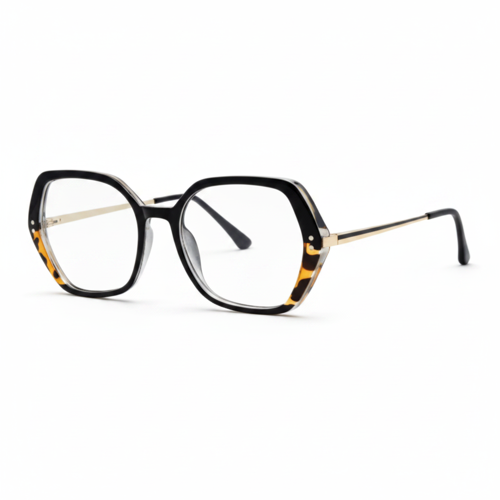 Black geometric frames with tortoiseshell and gold – 1:1 square