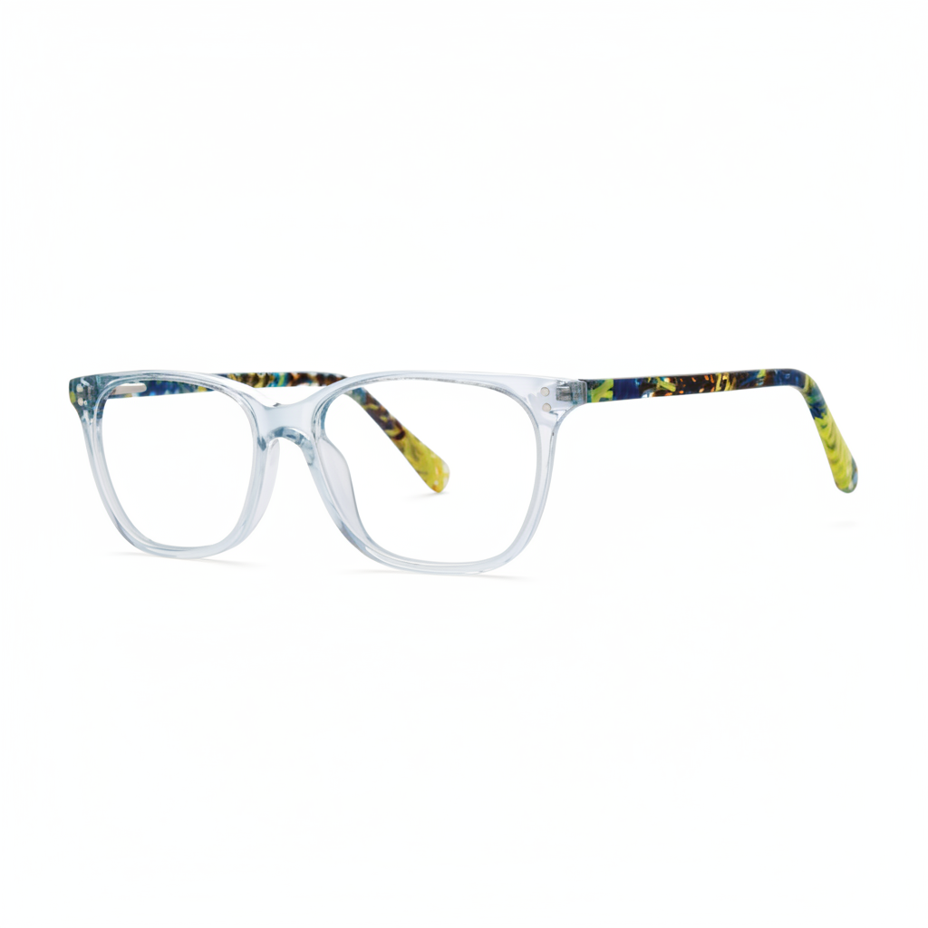 Clear Blue-Green Floral Temple Eyeglasses — 1:1