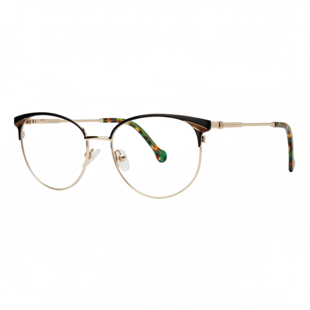 Dark brown and gold cat-eye eyeglasses with multicolor tortoise temples