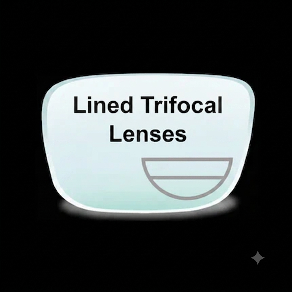 Lined Trifocal 7x28 lenses showing three distinct vision zones with visible lines for clear distance, intermediate, and near vision correction
