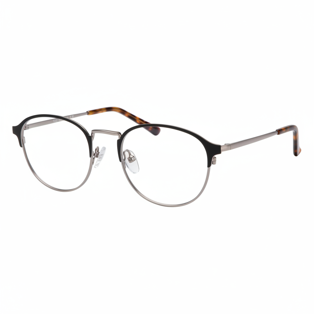 Matte black and gunmetal round browline frames — 1:1