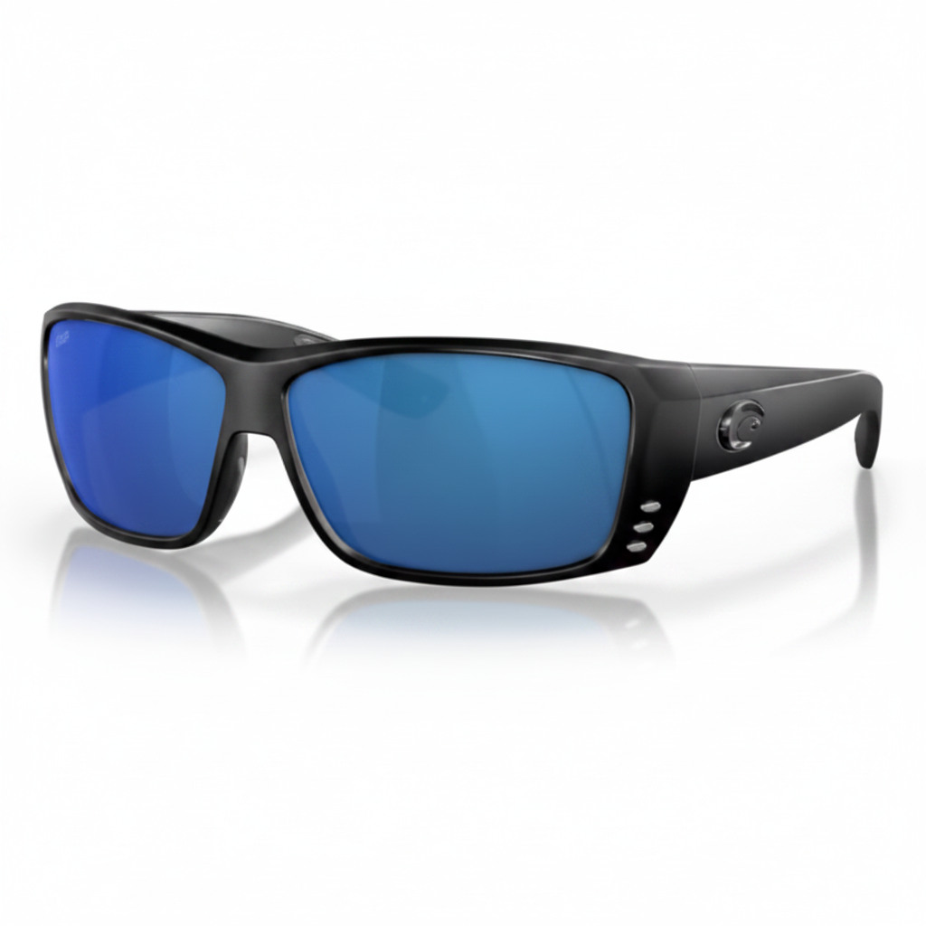 Costa Del Mar Cat Cay polarized sunglasses with 61mm eye, blue mirror and gray lens options, anti-glare, and 2-year warranty