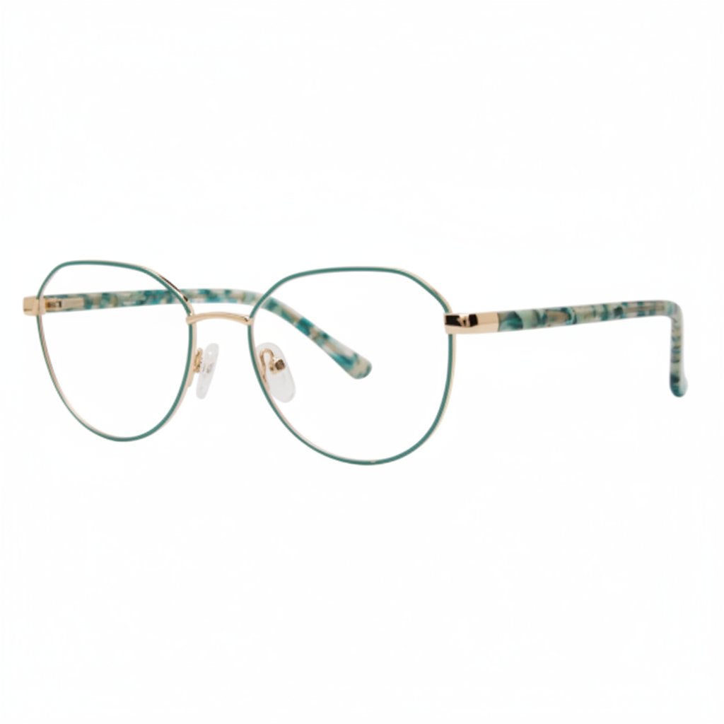 Teal green metal round eyeglasses with tortoise temples