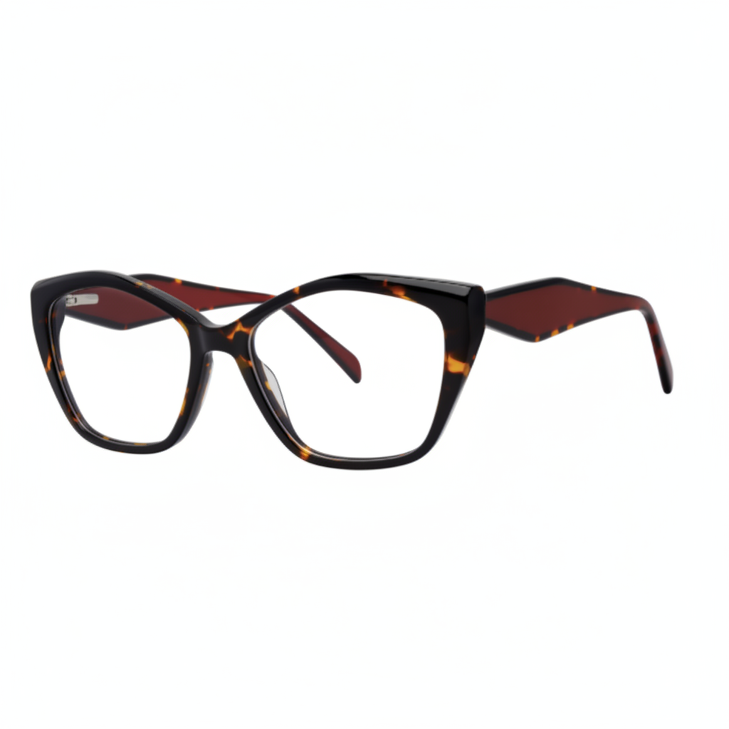 Tortoiseshell and burgundy cat-eye frames – 1:1 square